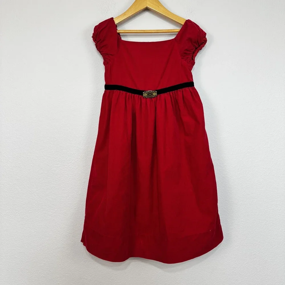 Ralph Lauren Dress Girls‎ 6 Red Corduroy Velvet Waist Puff Sleeve Lined Holiday
